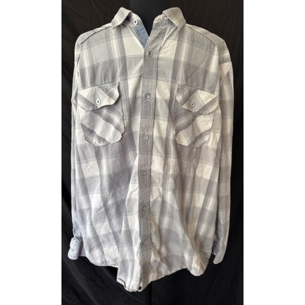 American Rag Mens XL Grey White Plaid Long Sleeve Button Down Cotton Shirt